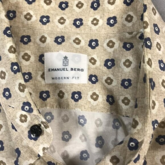 Emanuel Berg Shirt Mens 16.5 Large Beige Blue Floral Print Modern Fit Button Up - Picture 2 of 6
